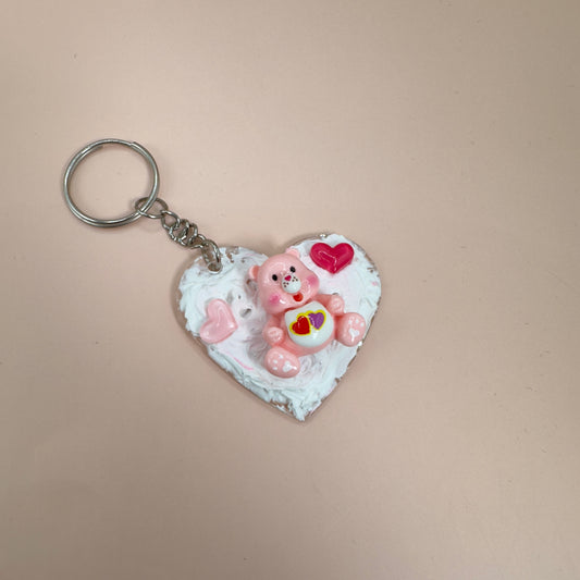 Pink bear on heart decoden keychain