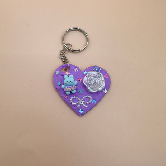 Purple heart and flowers decoden keychain